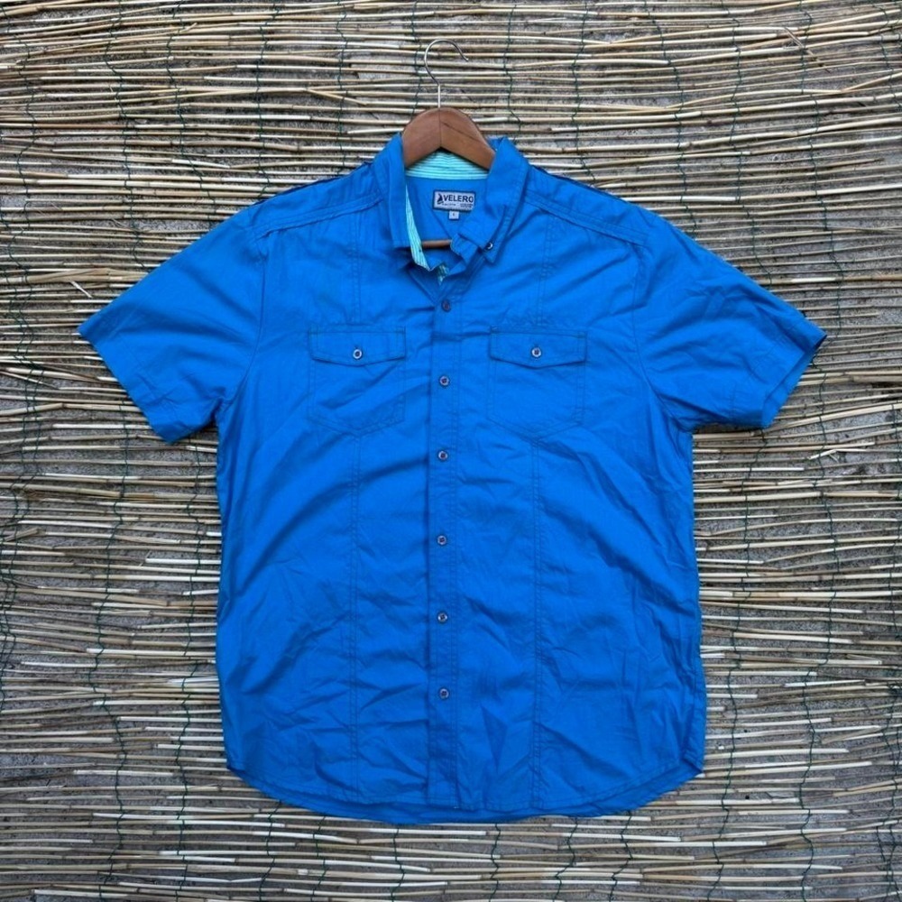 Fishing Blue Short Sleeve Button Down Shirt‎ Size Large Outdoor Summer Travel